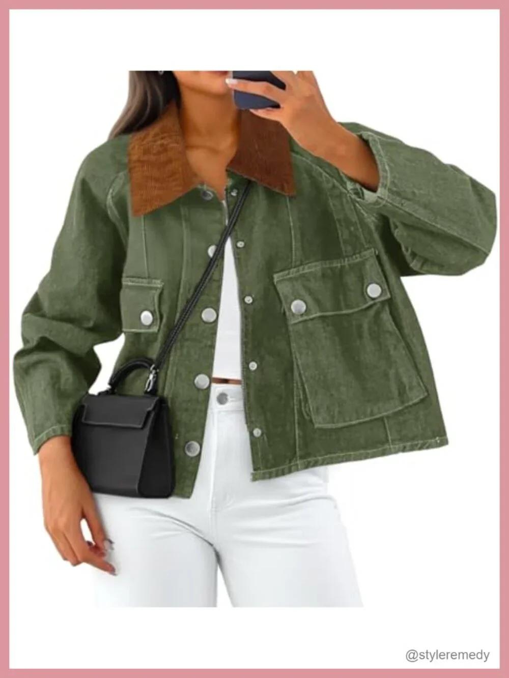 Cropped Denim Jacket Women's Button Down Corduroy Collar Loose Fit Cotton Blend